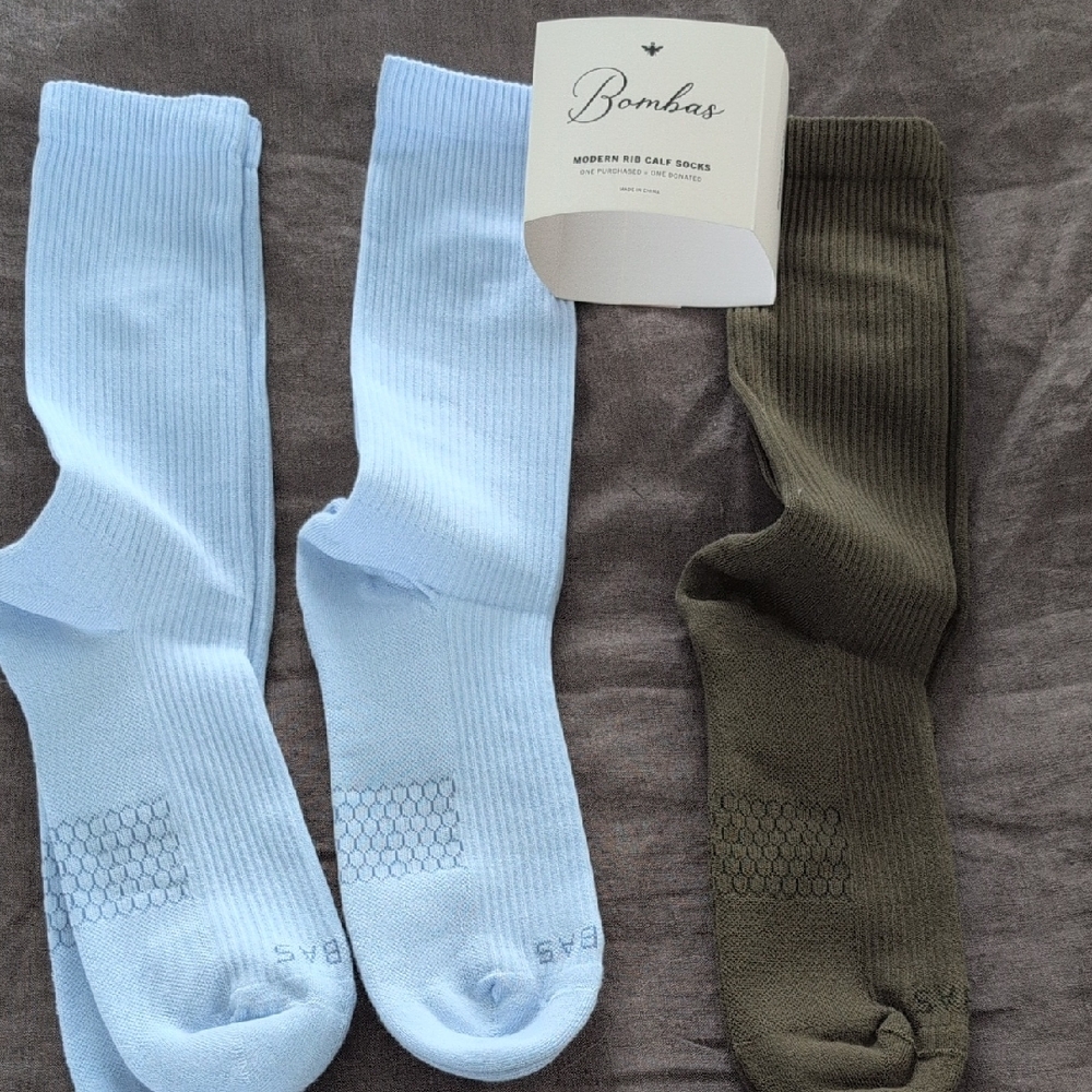 Bombas Men's Casual Ribbed Socks -  2 Pairs Sky Blue and  1 Olive Size Large